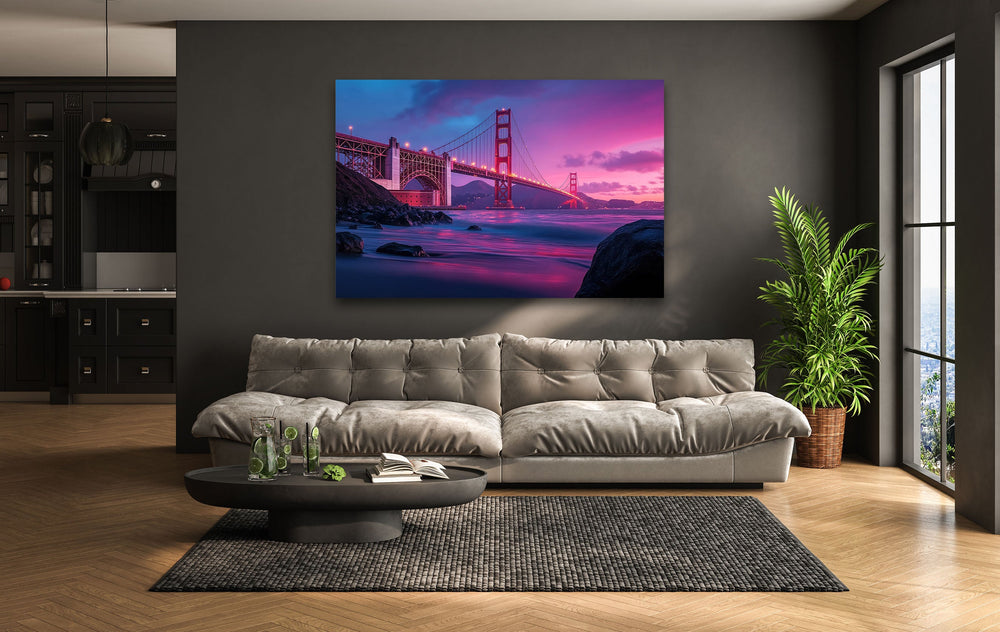 Golden Gate Bridge in San Francisco Sunset Glass Wall Art photo print on glass, prints on glass wall art
