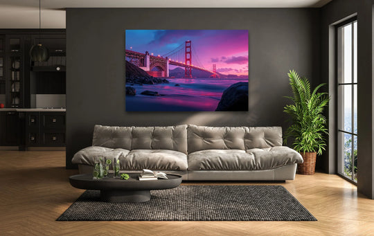 Vibrant, high-gloss finish highlights the stunning Golden Gate Bridge sunset in this San Francisco glass wall art, creating a captivating glass art display.