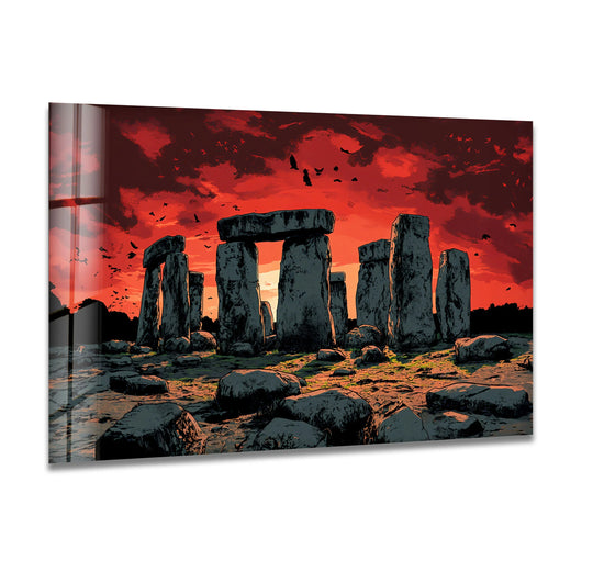 With a high-definition finish, this Stonehenge Sunset glass wall art reveals the best glass art through the dramatic ancient landscape and fiery sunset.