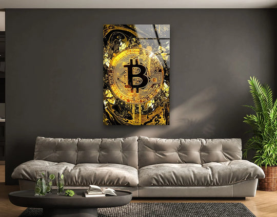Bitcoin goldrush glass wall art showcases a luxurious, high-gloss finish with a bitcoin symbol for decorative wall art.