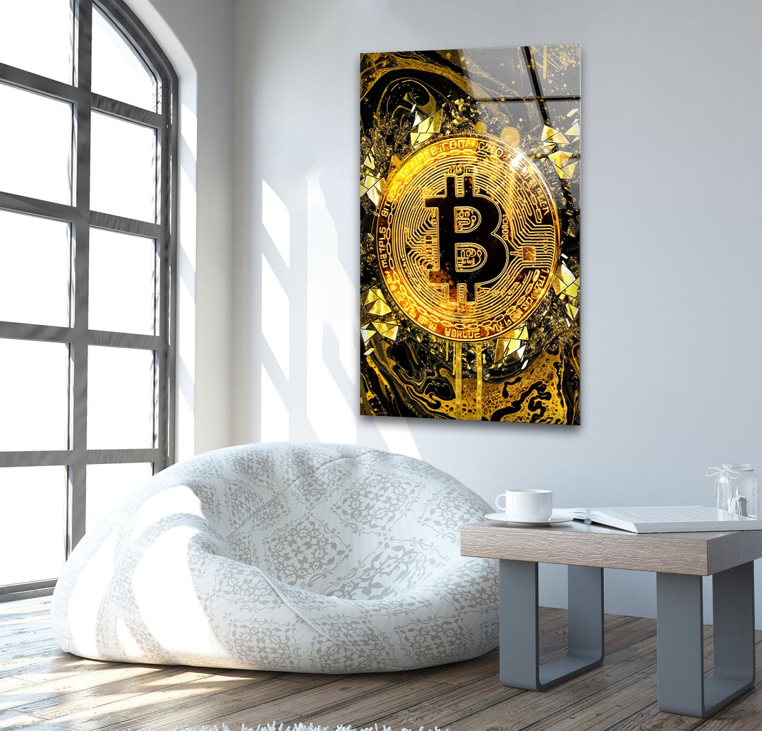Goldrush Bitcoin Glass Wall Art custom glass pictures, glass art prints
