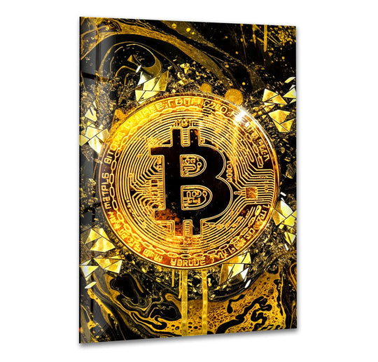 Luxurious gold swirls and geometric shards form the dramatic background for this Bitcoin glass art.