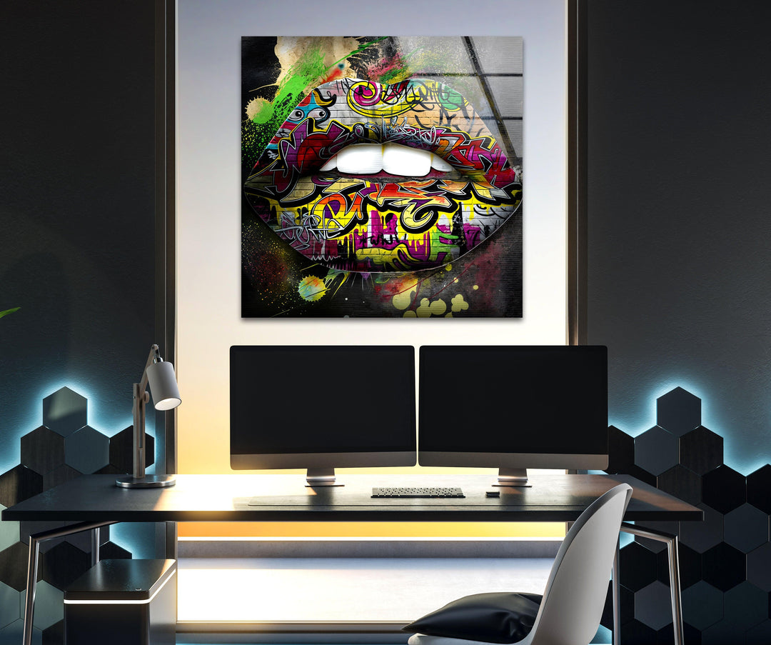 Graffiti Lips Glass Wall Art custom glass pictures, glass art prints
