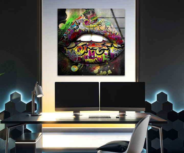Graffiti Lips Glass Wall Art custom glass pictures, glass art prints
