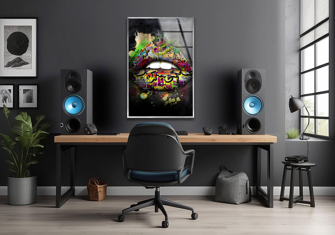 Graffiti Lips Glass Wall Art photo print on glass, prints on glass wall art
