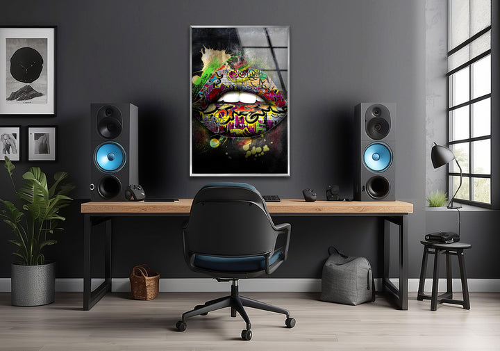Graffiti Lips Glass Wall Art photo print on glass, prints on glass wall art
