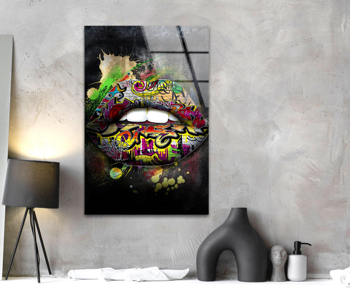 Graffiti Lips Glass Wall Art custom glass photo prints, large glass prints
