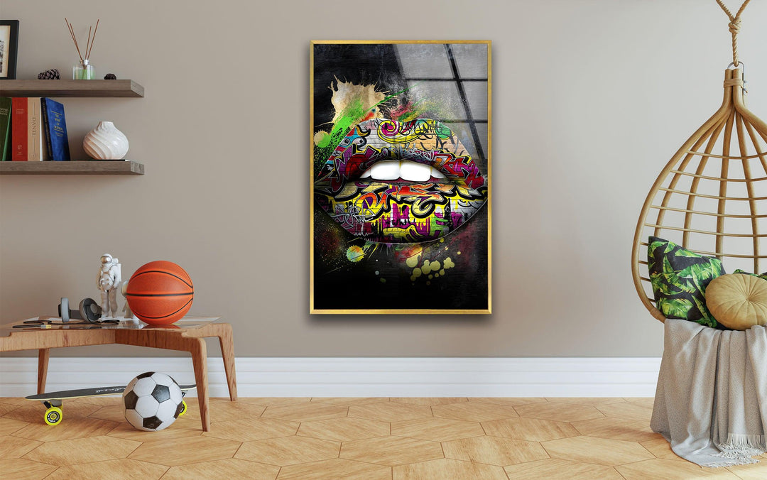 Graffiti Lips Glass Wall Art picture on glass wall art, photos printed on glass
