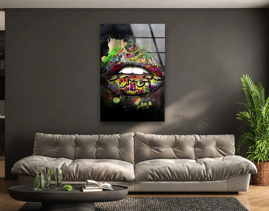 Vibrant graffiti lips, a stunning piece of best glass art, dominate this image with their bold mix of multi-colors.