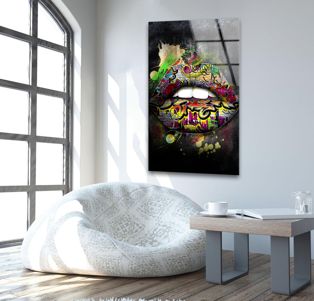 Graffiti Lips Glass Wall Art print on glass, glass printed photos
