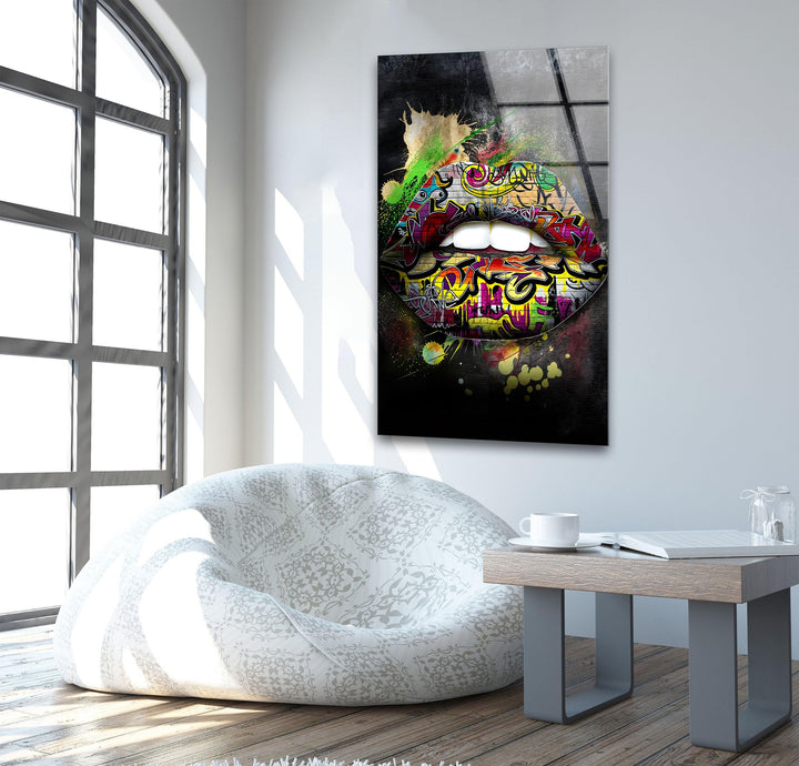 Graffiti Lips Glass Wall Art print on glass, glass printed photos
