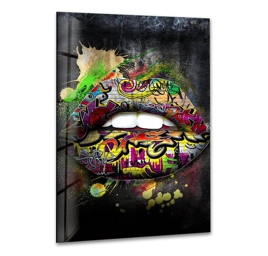 Explosive graffiti colors splash and drip across this dynamic graffiti lips hanging wall art, creating a sense of vibrant urban movement.