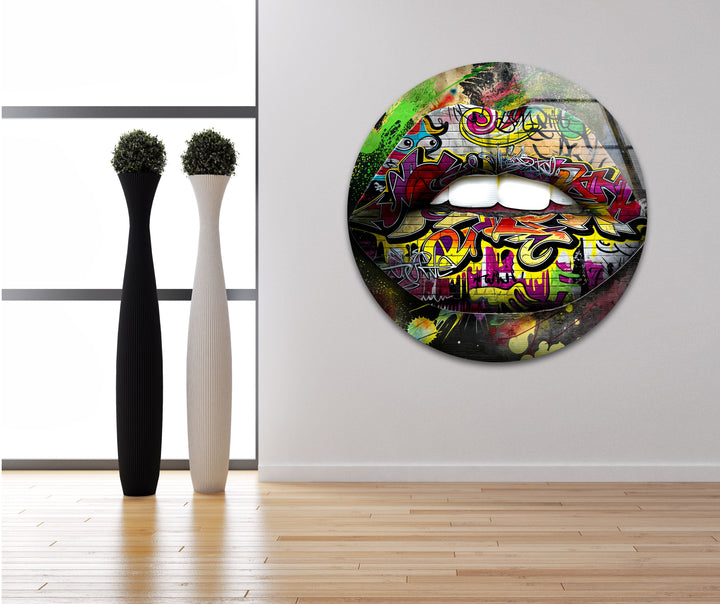 Graffiti Lips Glass Wall Art print picture on glass, Tempered Glass Wall Art
