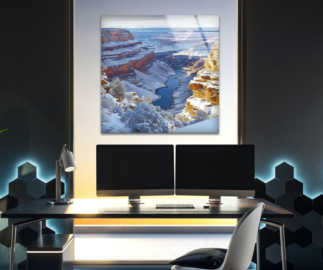 Glass wall art capturing the peaceful beauty of the Grand Canyon in winter.
