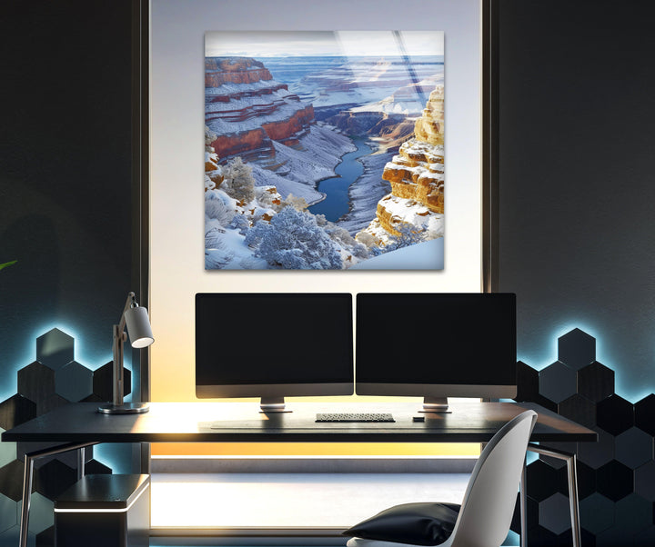 Glass wall art capturing the peaceful beauty of the Grand Canyon in winter.
