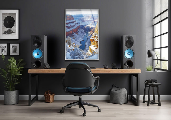 Beautifully detailed landscape paintings of a snowy Grand Canyon.
