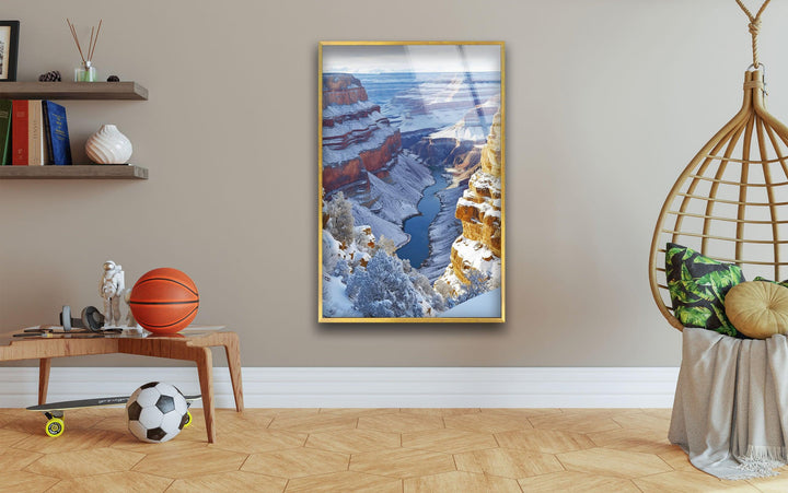 Stunning Grand Canyon glass wall art featuring a breathtaking winter landscape.
