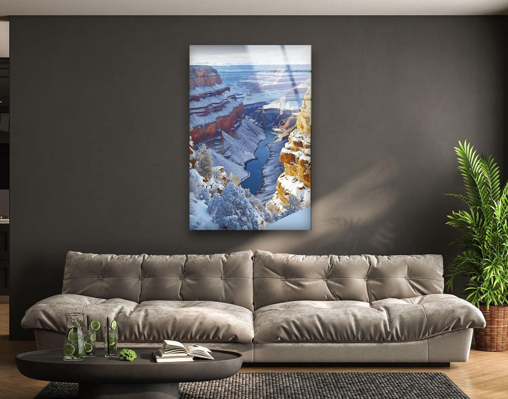 High-quality glass wall art showcasing the Grand Canyon in a snowy wonderland.
