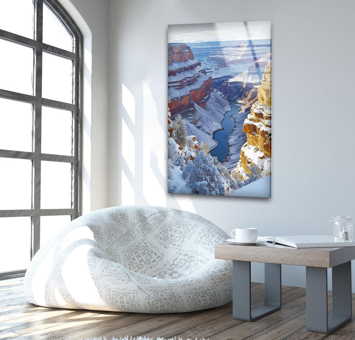 Large landscape wall art of the Grand Canyon with snow-covered cliffs.
