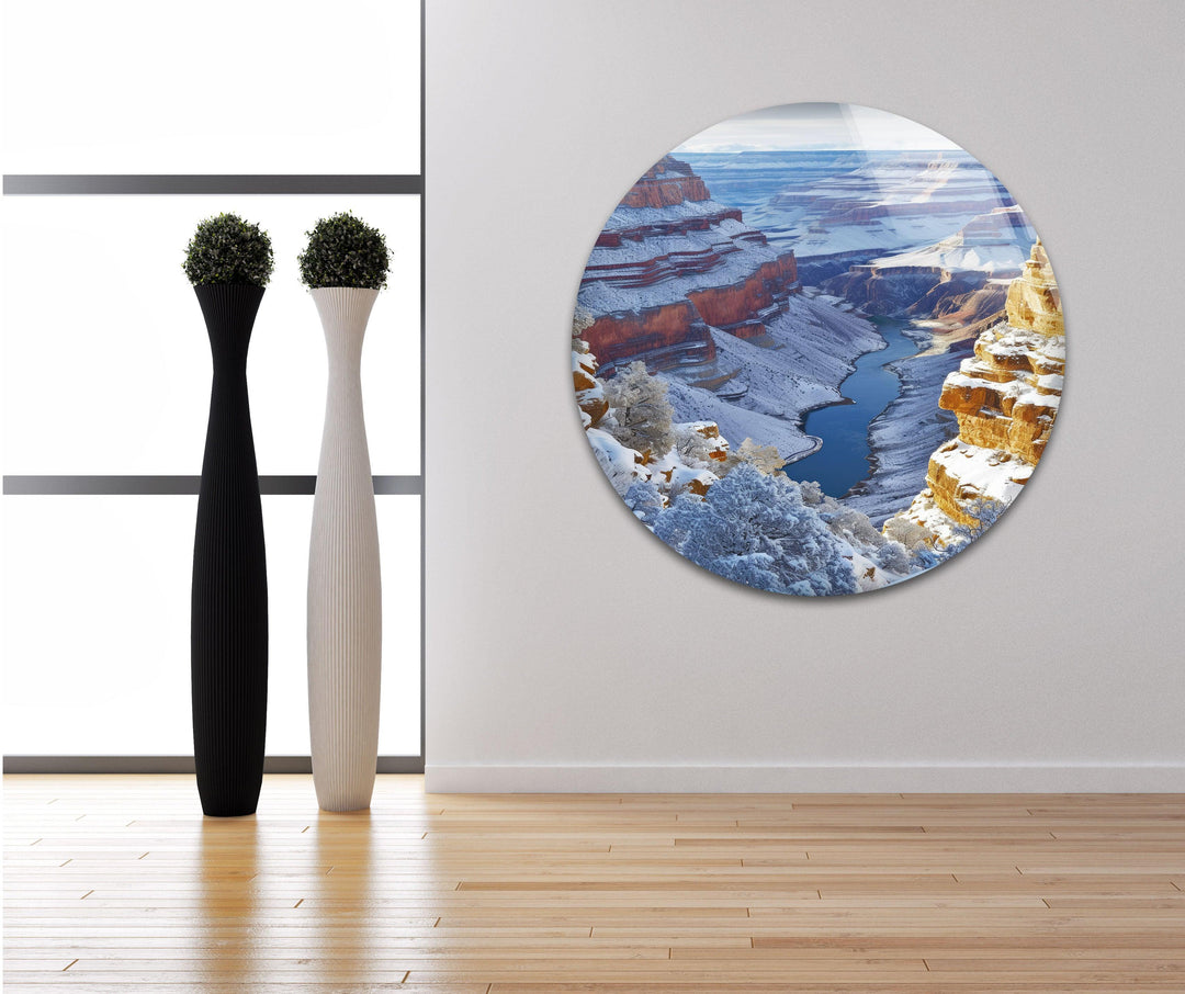 Grand Canyon winter glass art with a river flowing through icy canyons.

