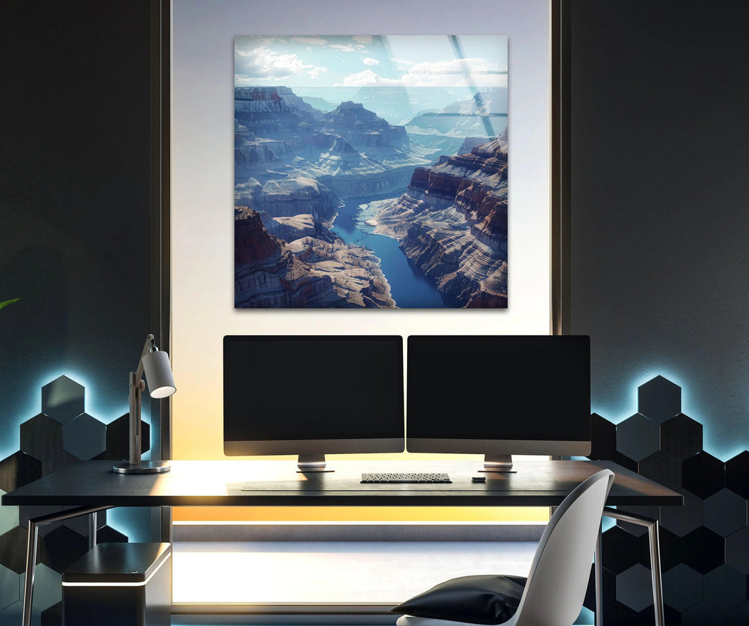 A breathtaking aerial view of the Grand Canyon, bringing nature into your home with glass wall art.






