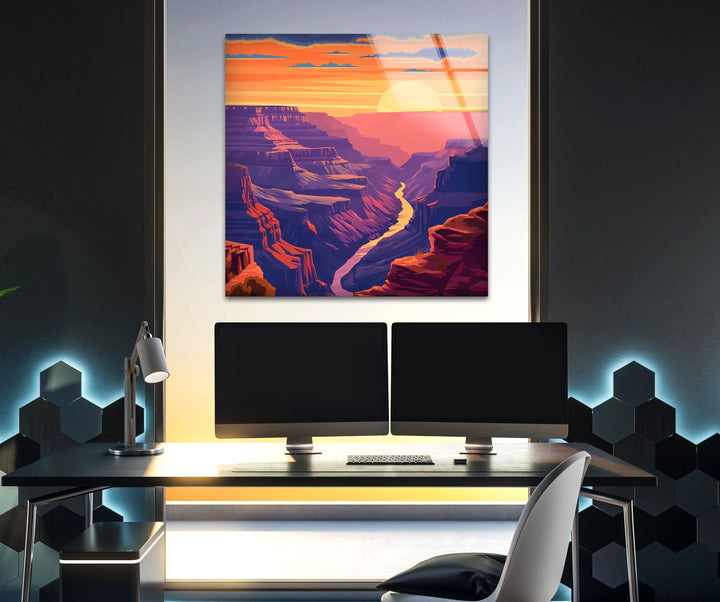 Mesmerizing Grand Canyon scene with a sunset, printed on high-quality glass.

