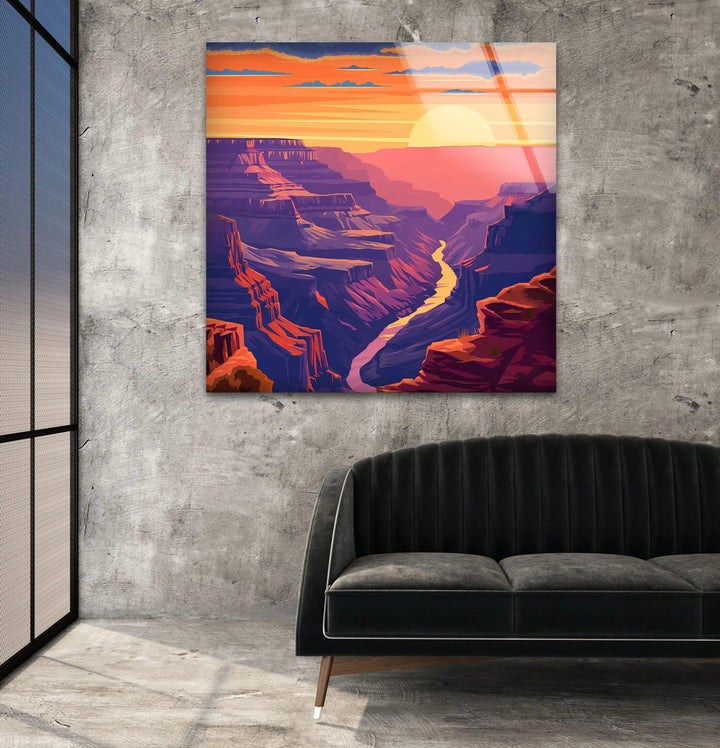 Artistic interpretation of the Grand Canyon with vivid hues on tempered glass.
