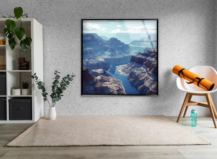 Timeless desert beauty with towering cliffs and blue skies, printed on glass wall art.
