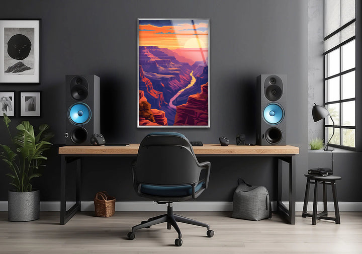 Grand Canyon glass wall art featuring a breathtaking sunset over the canyon.
