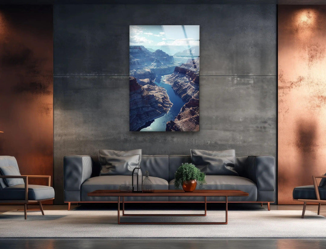 River in The Middle of Canyon Glass Wall Art  photo print on glass, prints on glass wall art