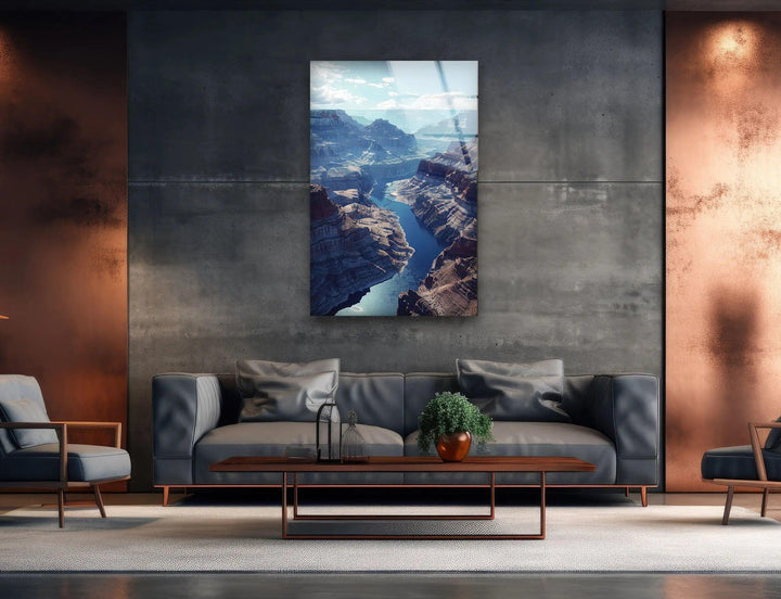 River in The Middle of Canyon Glass Wall Art  photo print on glass, prints on glass wall art