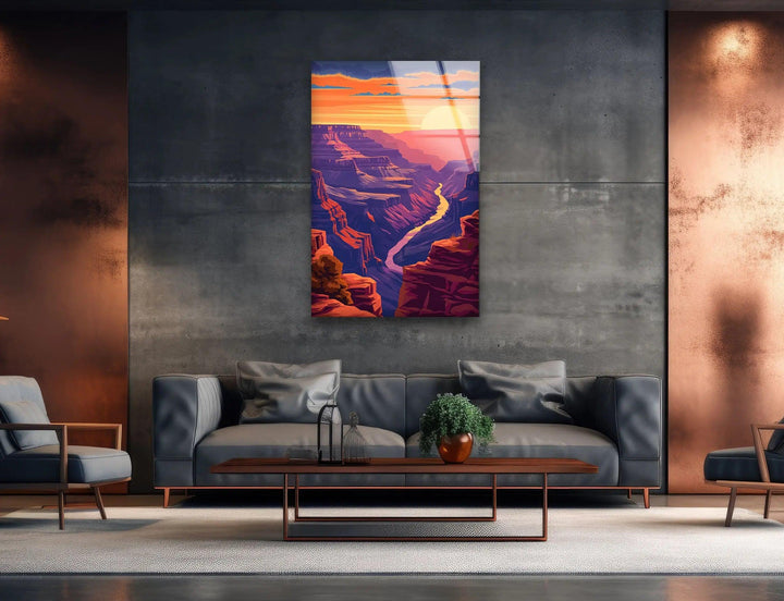 Eye-catching Grand Canyon glass decor with a vibrant river and sunset scenery.
