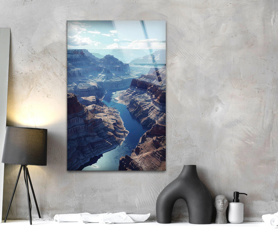 Scenic Southwest canyon landscape with rich textures and colors on glass wall art.
