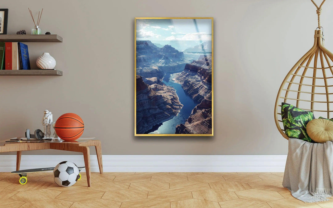 A panoramic view of the Grand Canyon’s rugged cliffs in elegant glass wall art.
