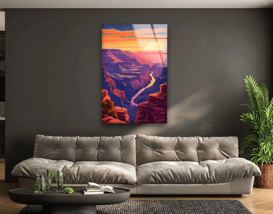 Vertical rectangle showcases the Grand Canyon landscape as tempered glass wall art, a shape that highlights the canyon's depth and vibrant colors.