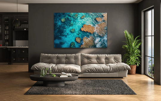 Surging turquoise waters and foaming waves create a vibrant sense of movement in this Great Barrier Reef landscape tempered glass wall art, capturing the ocean's dynamic energy.