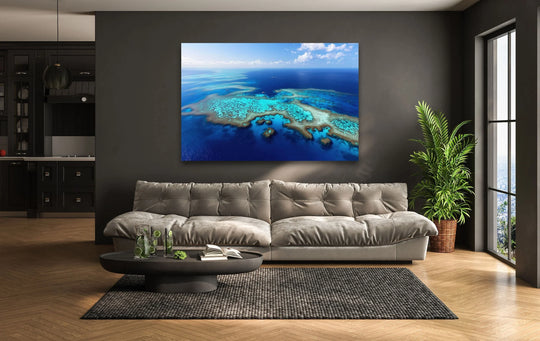 Great Barrier Reef in Australia glass wall art features an ocean landscape and makes beautiful coastal wall decor and serene glass art for the home