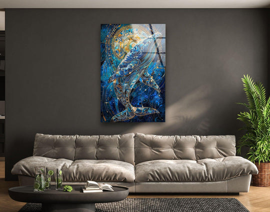 Vibrant sapphire and gold hues saturate this striking Greek whale glass wall art, showcasing intricate oceanic motifs.