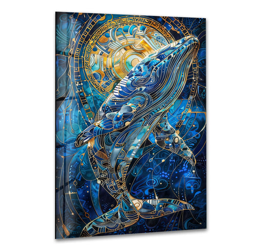 A majestic Greek whale rendered in vibrant blues and golds transitions across this stunning glass art painting.
