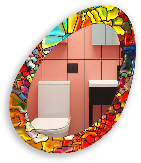 Visual rhythm is created by the artful arrangement of colorful glass-like tiles within the frame of this red stained dining room modern wall mirrors.