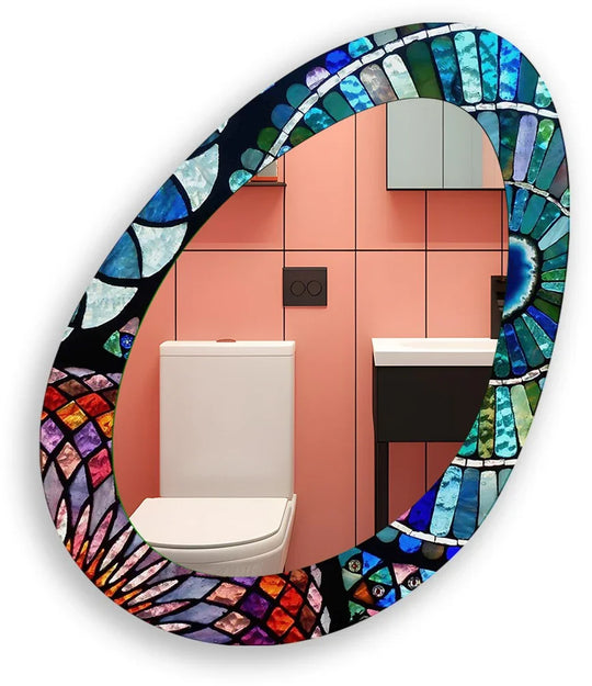 Geometric shapes compose a blue stained glass pattern around this oval decorative mirror, adding visual intrigue and a bright, artistic accent to any room.