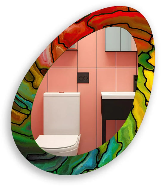 Featuring a vivid abstract art pattern, the edge of this asymmetrical oval entryway wall mirror is a stunning stained glass wall mirror.