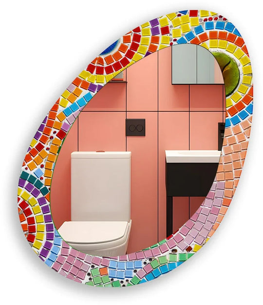 Foreground shows an oval pink mosaic dining room wall mirror, exhibiting a vibrant array of colored tiles, reflecting a modern bathroom mirror scene, perfect as a bathroom mirror.