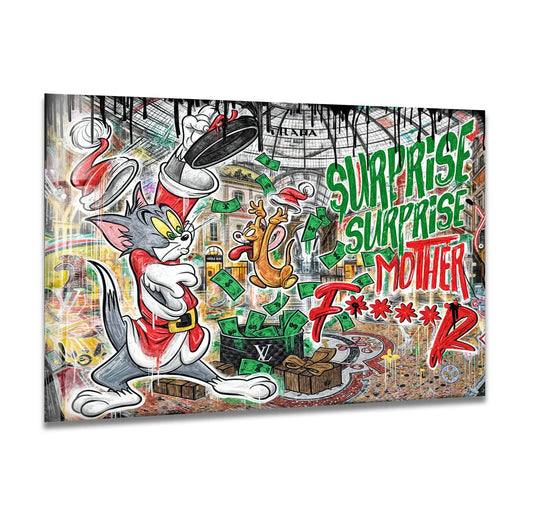 Visual rhythm flows through the Happy Suprise glass wall art with a playful repetition of cartoon figures and scattered money, resembling dynamic wall prints.