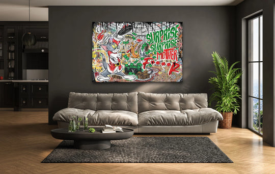 The happy surprise glass wall art sets a playful and lighthearted mood through its bright colors and cartoon depictions, adding a fresh element to home decoration.