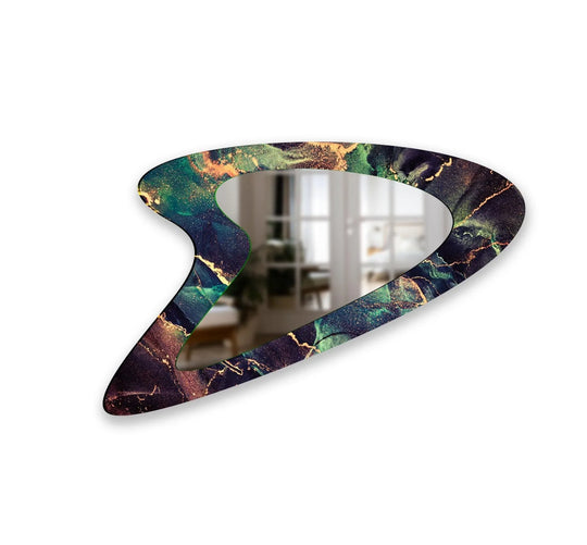 Space Abstract asymmetric mirror displaying a cosmic pattern in vibrant green gold and deep black hues