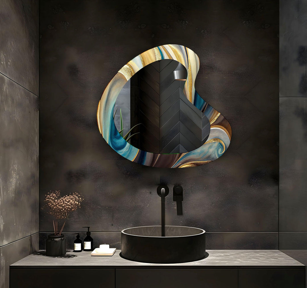 Turquoise & Gold Marbled Kidney Glass Wall Mirror