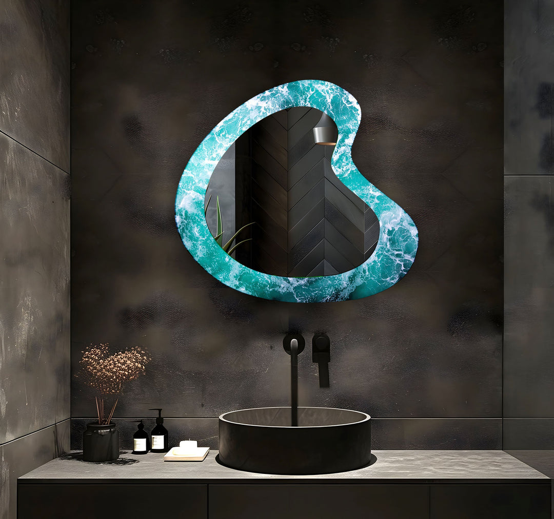 Dekorativer Wandspiegel aus Glas mit blauen Wellen
