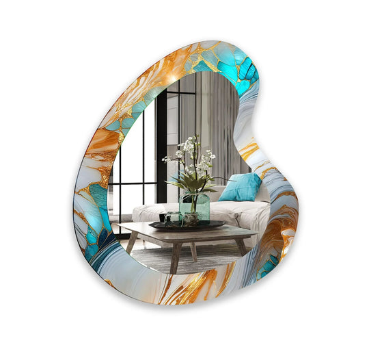 Irregularly shaped turquoise marble mirror for wall decor showcases its unique, abstract design in gold and teal, becoming a stylish focal point for decorative wall art.