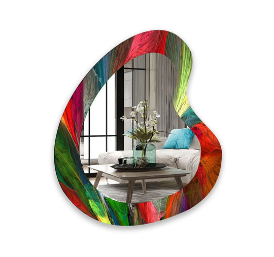 Foreground detail showcases the Red Abstract Kidney wall mirror, a vibrant statement piece for decorating with wall mirrors due to its unique abstract patterns.